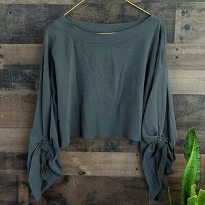 Free People Dark Green Cropped Sweatshirt with Gathered Sleeves Size M